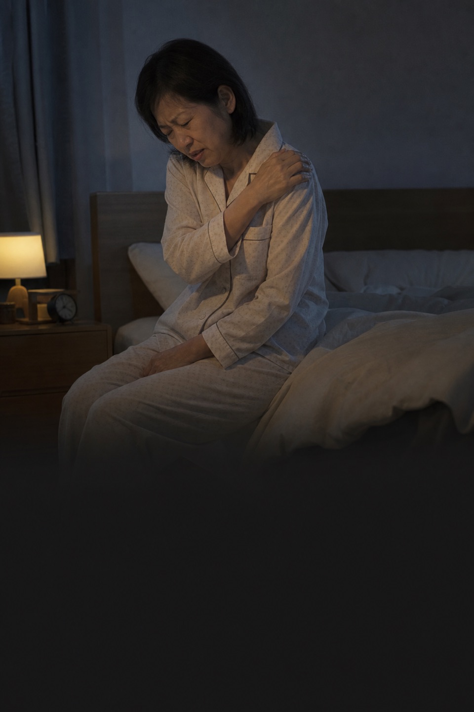 夜、肩の痛みに耐える50代女性
